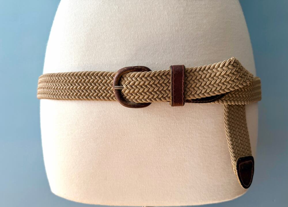 Tan Stretch Belt w/Distressed Leather Trim Womens sz 46